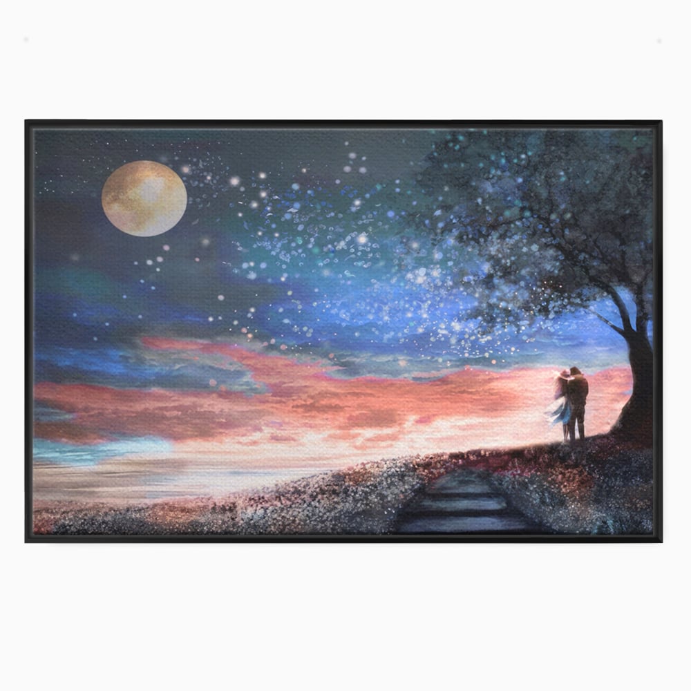 Tablou canvas cu ilustratie cuplu sub cer instelat, in rama de aluminiu negru